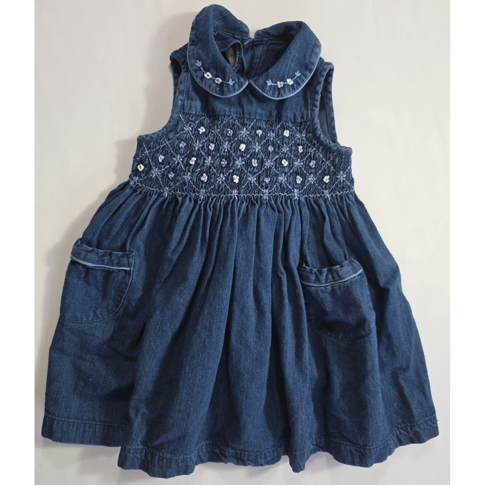Marks & Spencer Toddler Denim Dress Y2K Smocked Cotton Blue 1-1.5Y